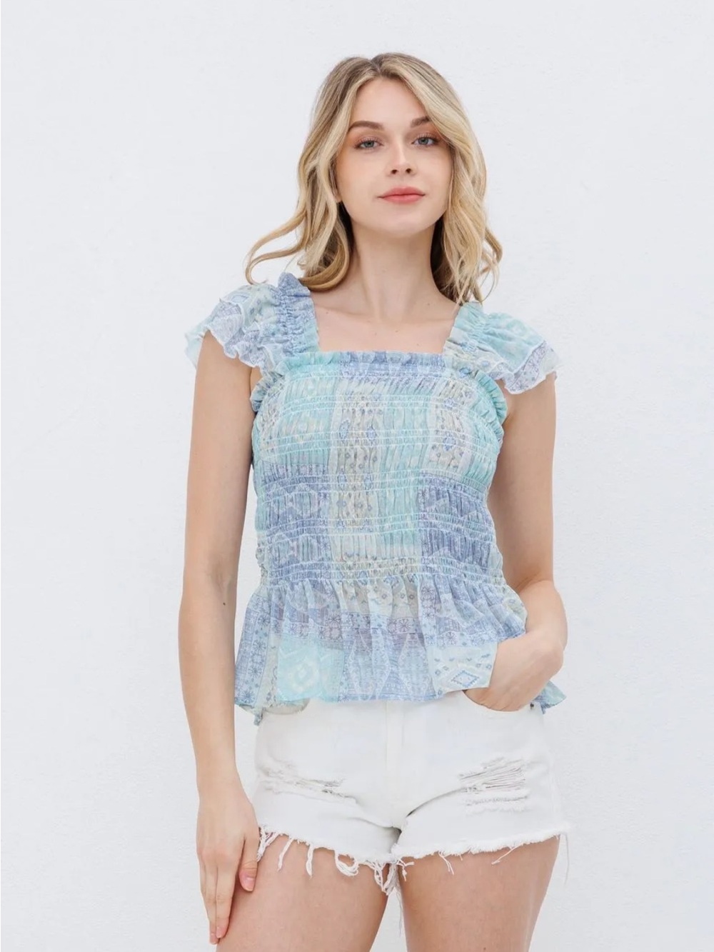 Smocked Square-Neck Peplum Blouse in Light Blue
